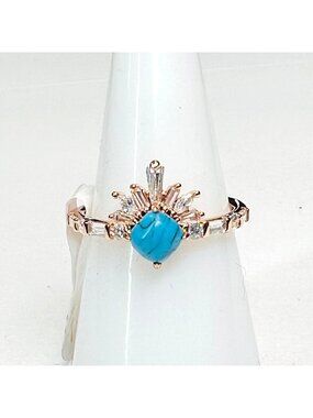 Ring Bomb Party Ring, size 7, turquoise blue, rose gold band, CZ type accents